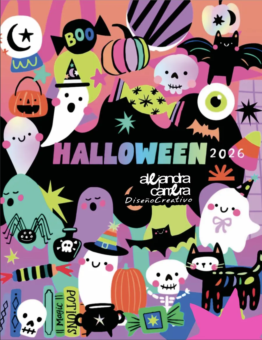 Portada del catálogo Halloween 2026 de Alejandra Carrera, ilustrada con fantasmas, calabazas, gatos negros y dulces