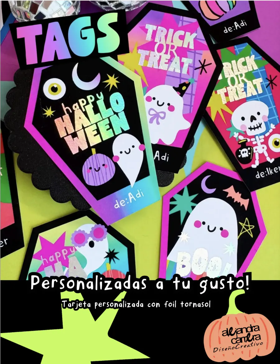 Tags de Halloween en forma de ataúd con letras en foil tornasol y nombre personalizado