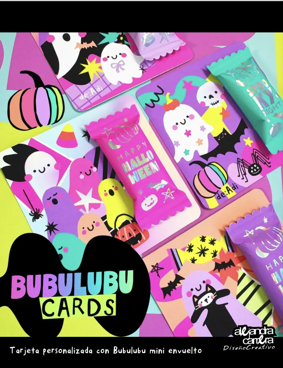 Bubulubu cards: tarjetas ilustradas de Halloween con un Bubulubu mini en envoltura de foil holográfico