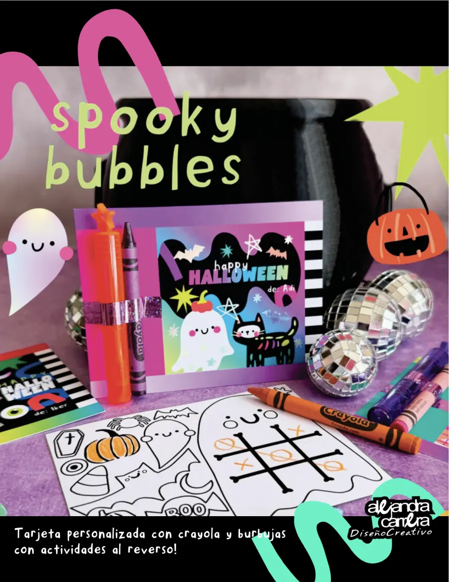 Spooky bubbles: tarjeta de Halloween con tubo de burbujas y crayola, y hoja de actividades al reverso