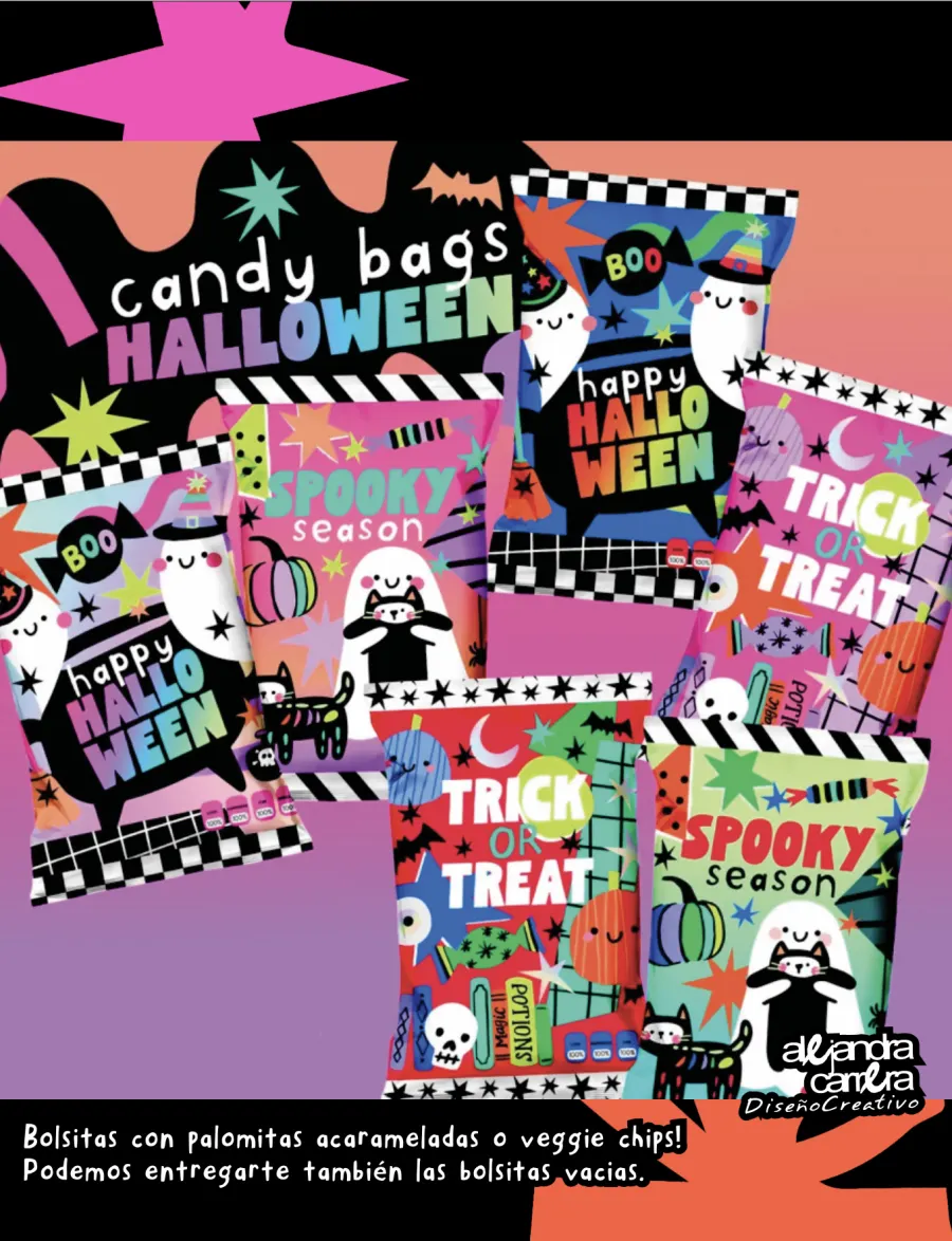 Candy bags: bolsitas metalizadas de Halloween con palomitas acarameladas o veggie chips