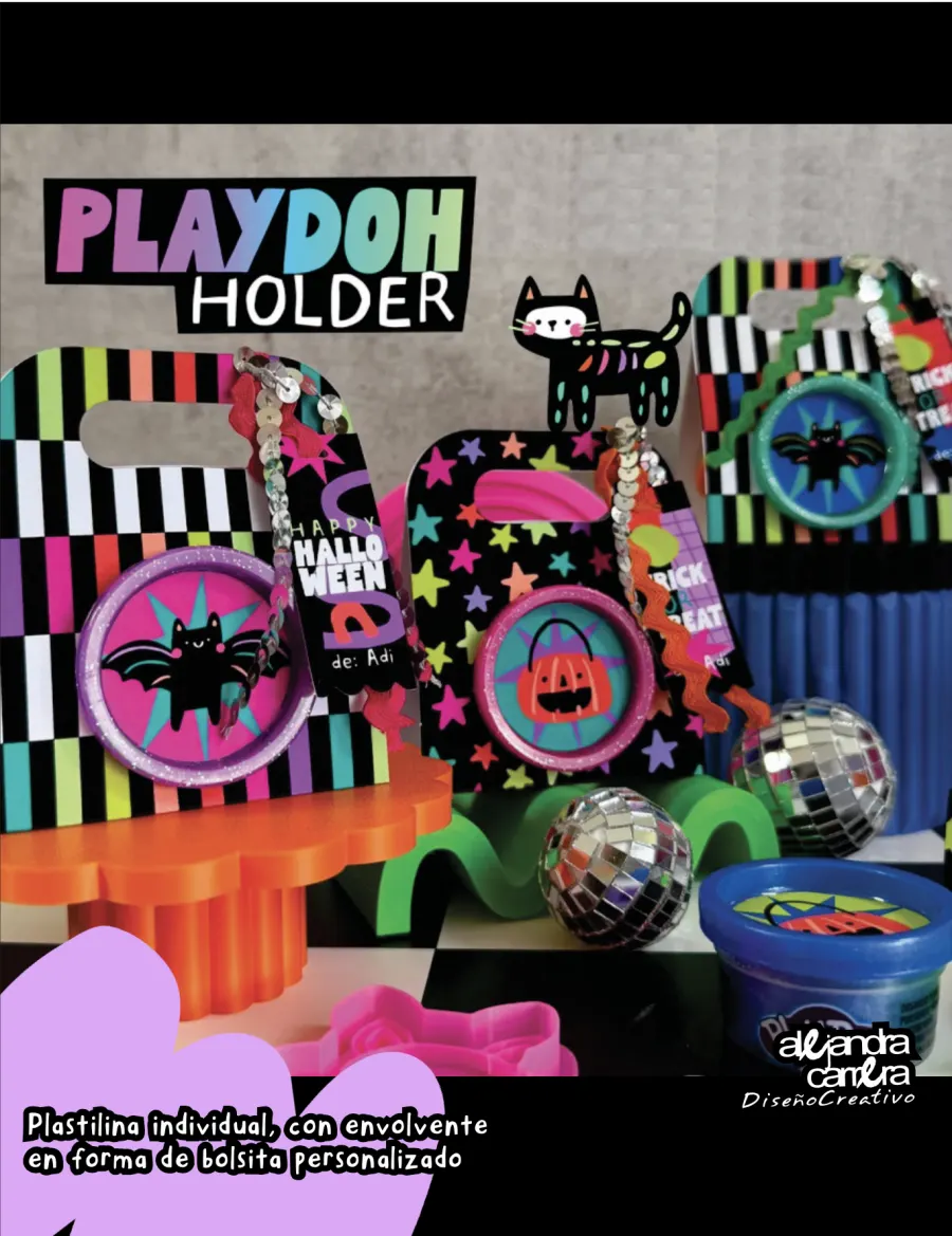 Playdoh holder: bote de plastilina en un envolvente de Halloween en forma de bolsita con etiqueta