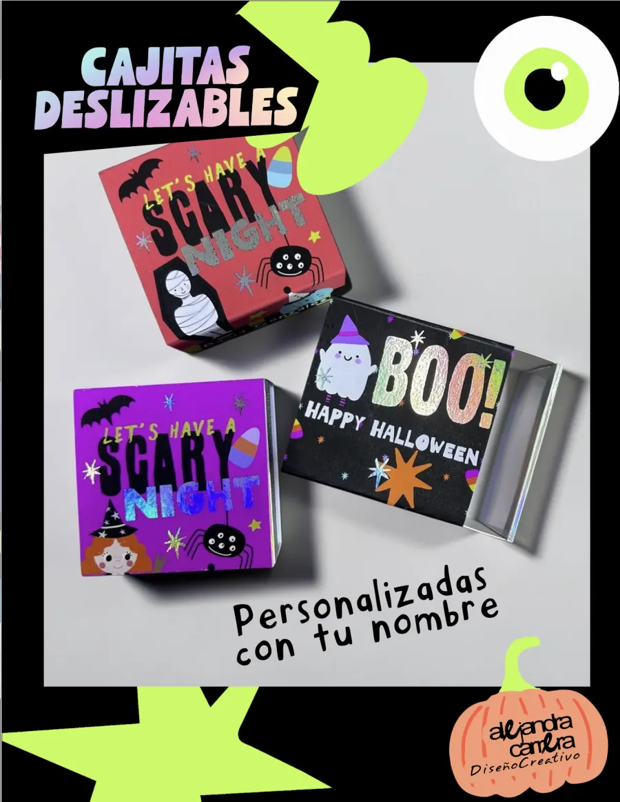 Cajitas deslizables tipo cerillo con diseños de Halloween y foil holográfico