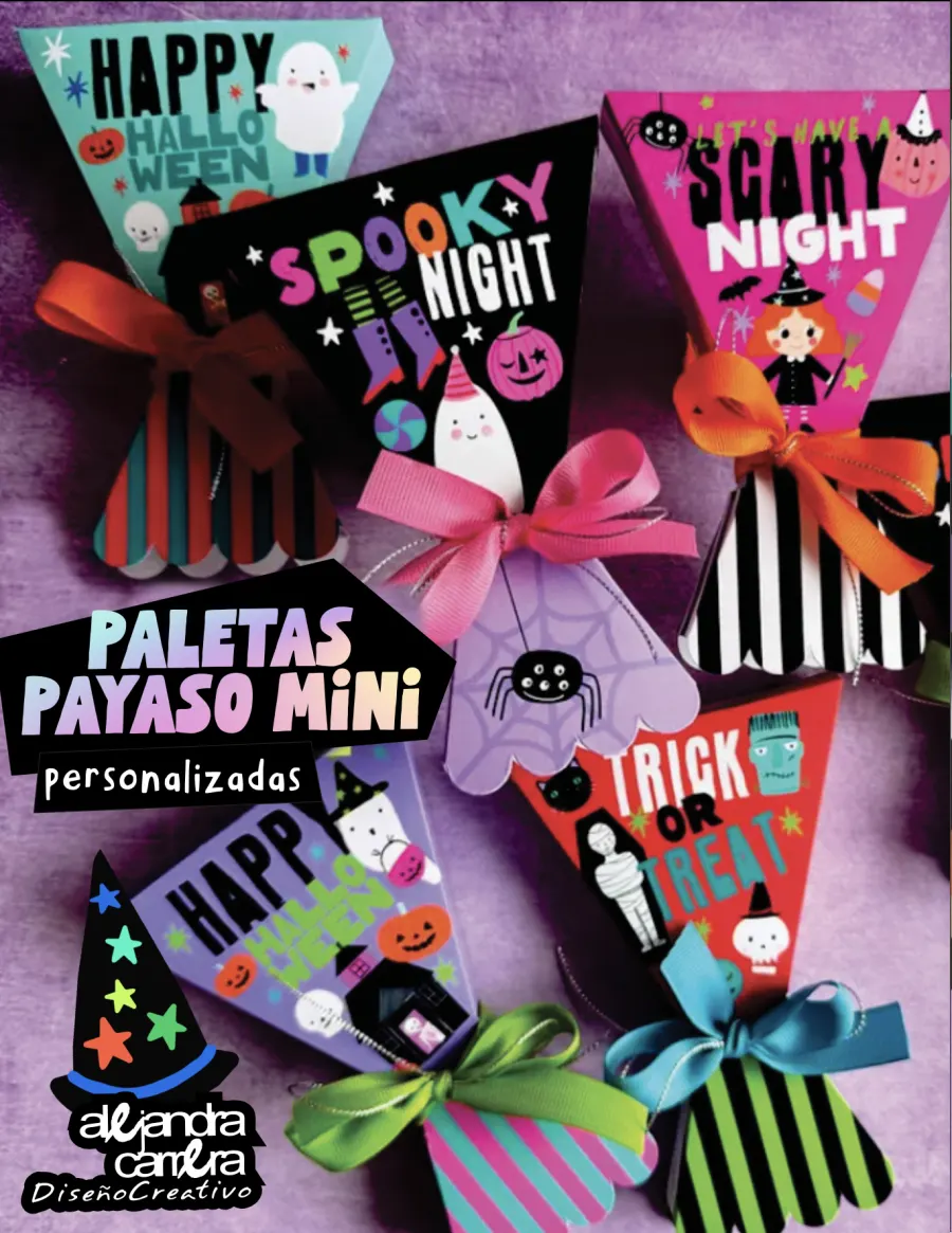 Paletas Payaso mini con envolventes de Halloween en cinco diseños y moños de listón
