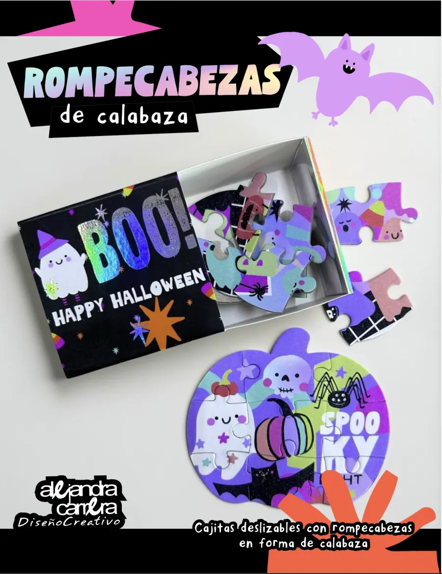 Rompecabezas en forma de calabaza dentro de una cajita deslizable de Halloween