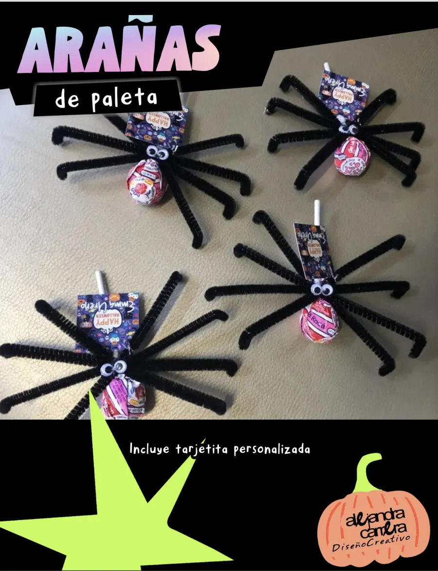 Arañas de paleta con patas de limpiapipas negro, ojitos móviles y tarjetita personalizada