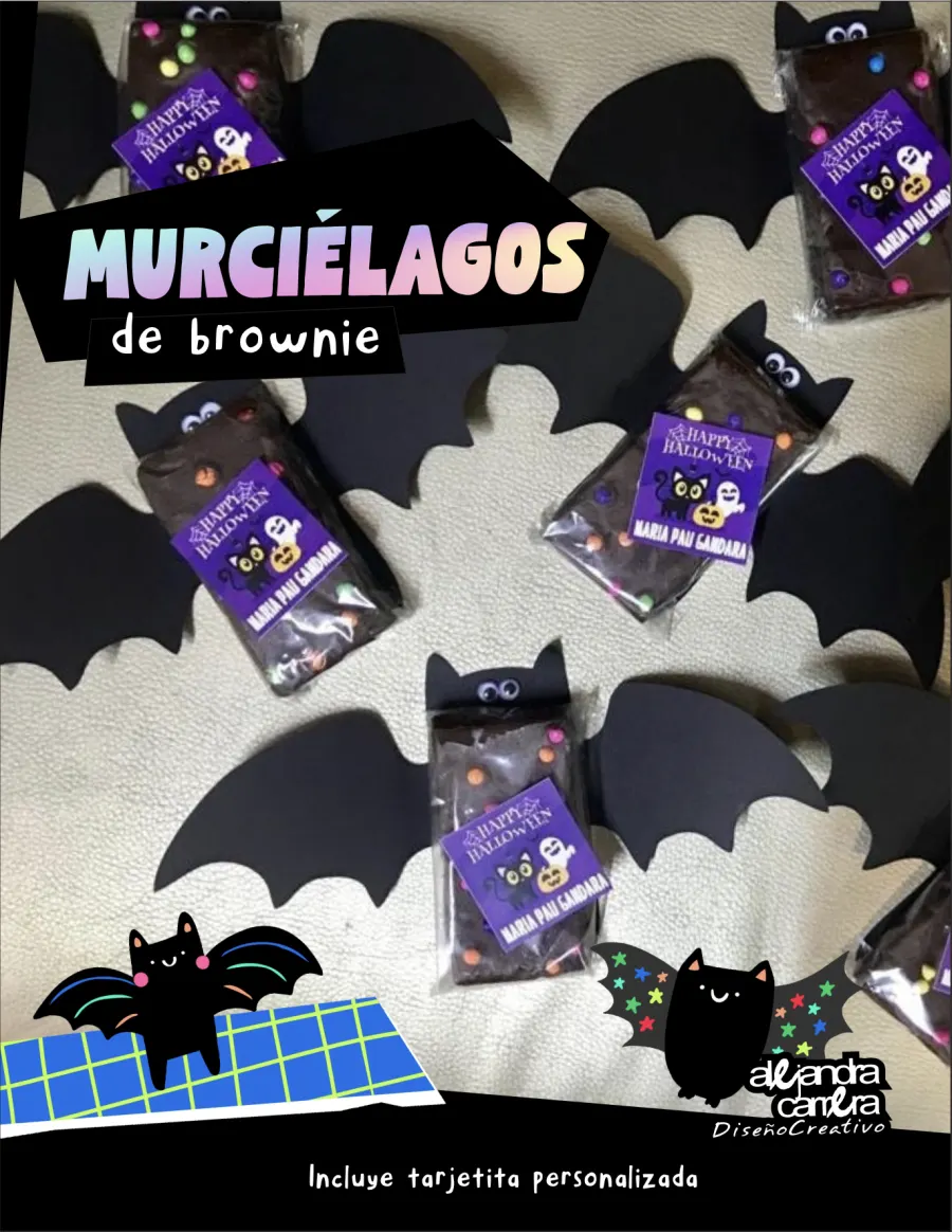 Murciélagos de brownie en bolsita de celofán con alas negras y tarjetita personalizada
