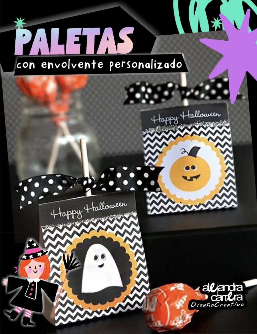 Paletas con envolvente personalizado de fantasma y de calabaza con moño de lunares