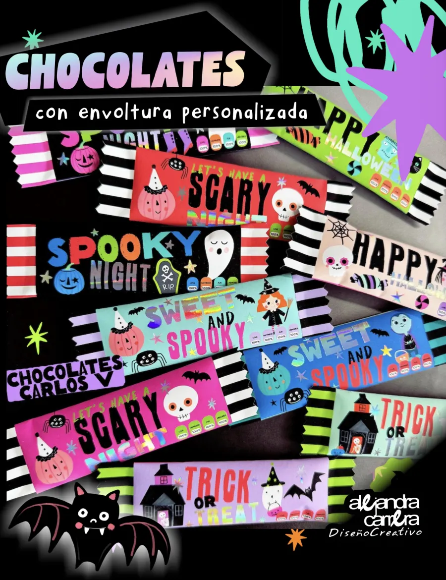 Barras de chocolate con envolturas personalizadas de Halloween en varios colores