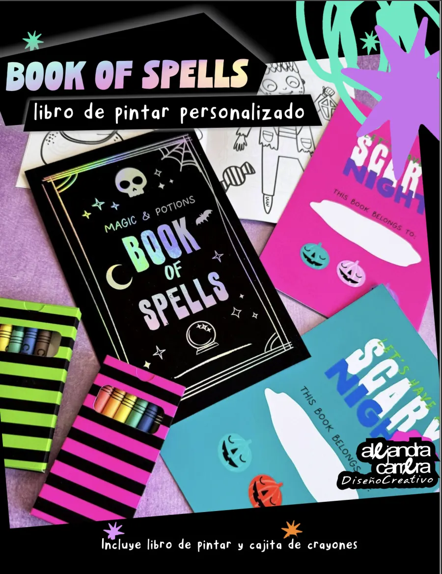 Book of spells: libros de pintar de Halloween con portada personalizada y cajita de crayones