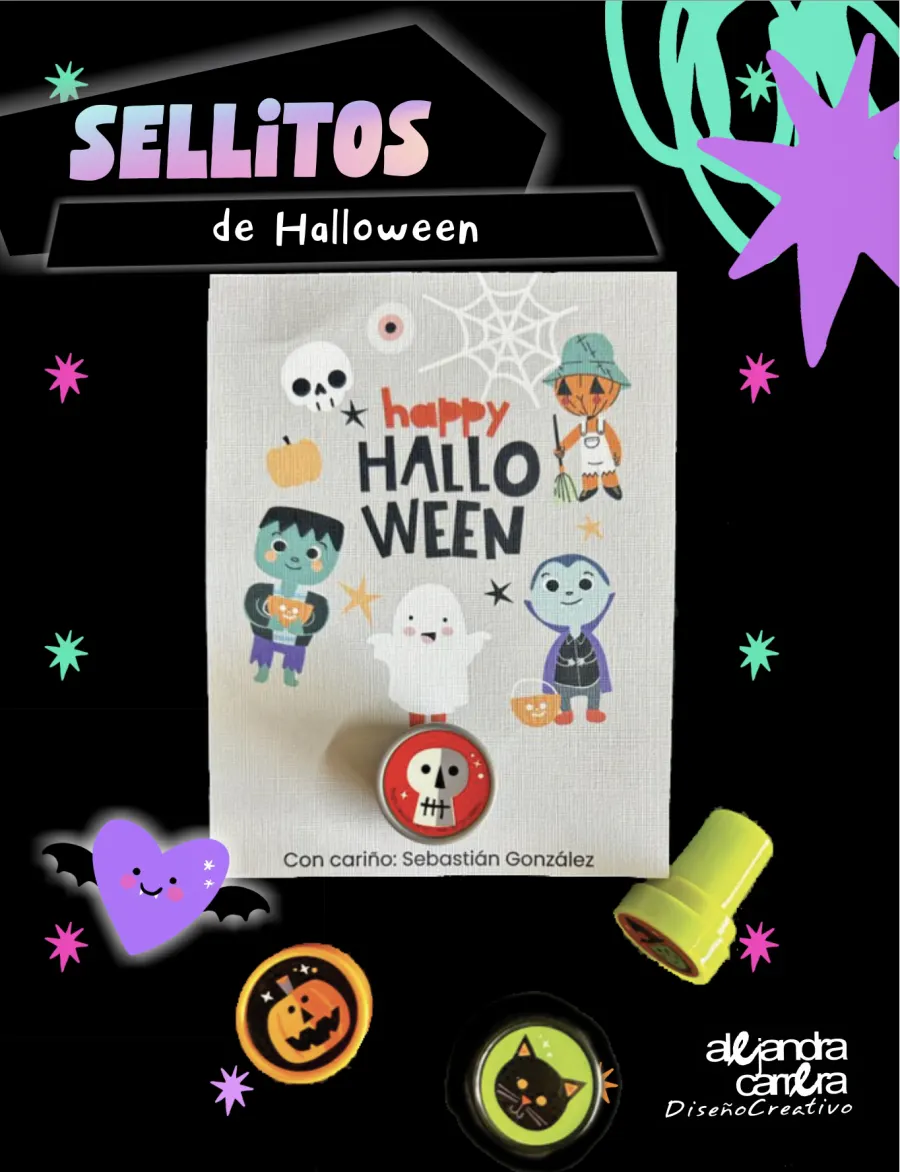Sellitos de Halloween de calavera, calabaza y gato sobre una tarjeta personalizada