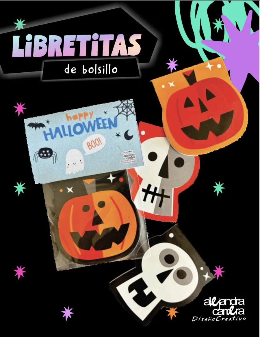 Libretitas de bolsillo con forma de calabaza y de calavera en bolsita con cabecera