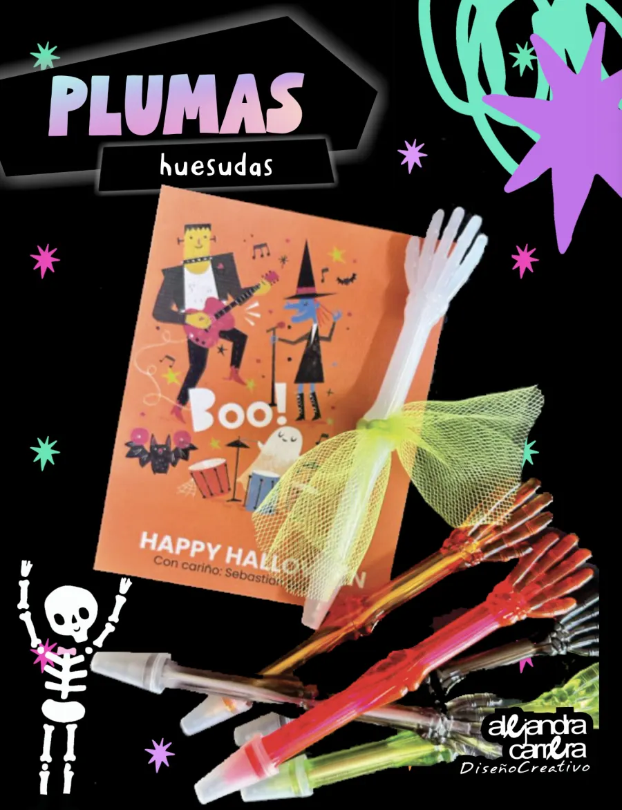 Plumas con forma de brazo de esqueleto en varios colores con tarjeta personalizada