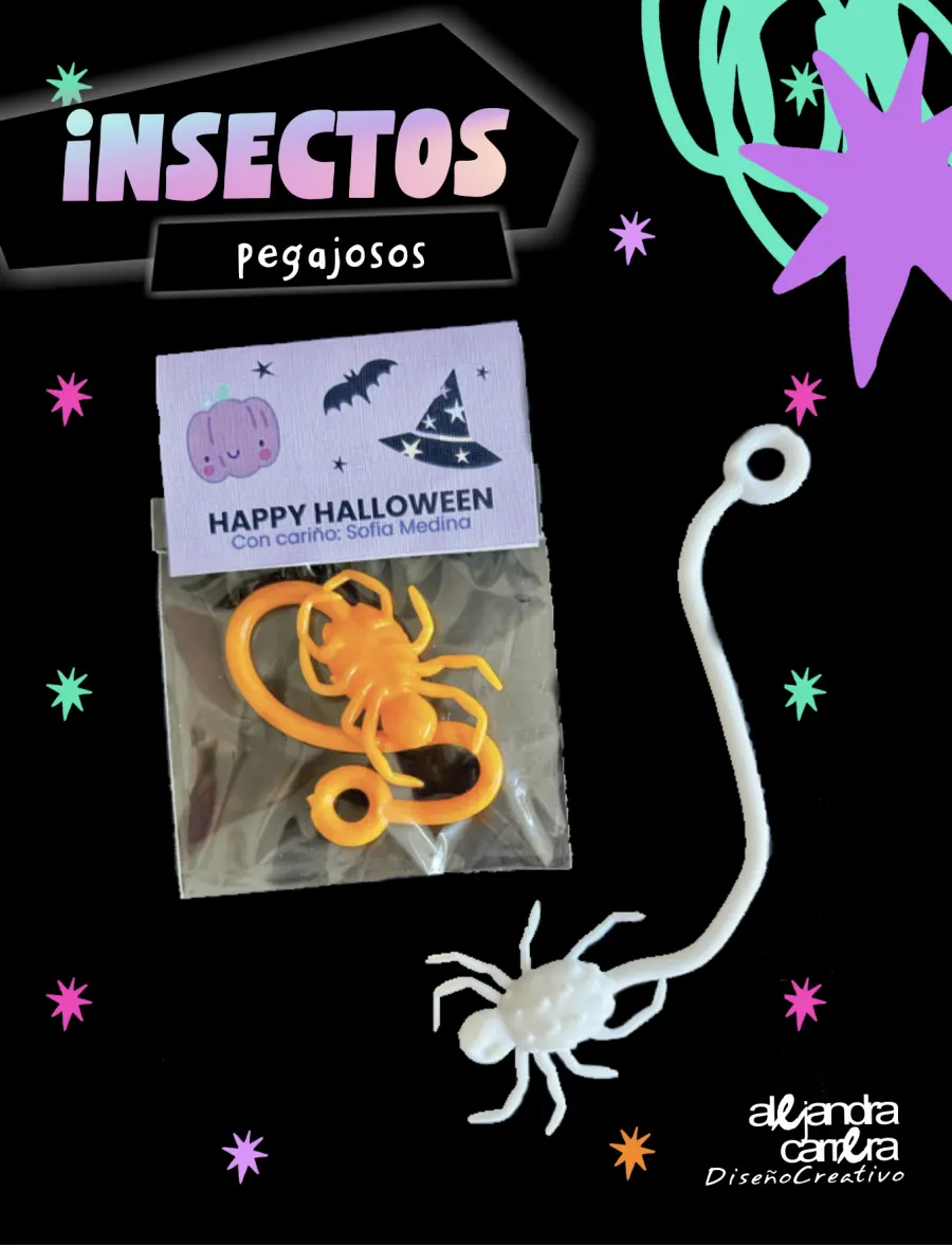 Insectos pegajosos: arañas elásticas en bolsita con tarjeta personalizada