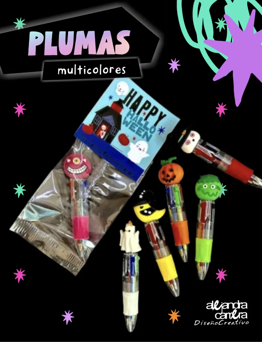 Plumas multicolores con figuras de Halloween en la punta y bolsita con cabecera
