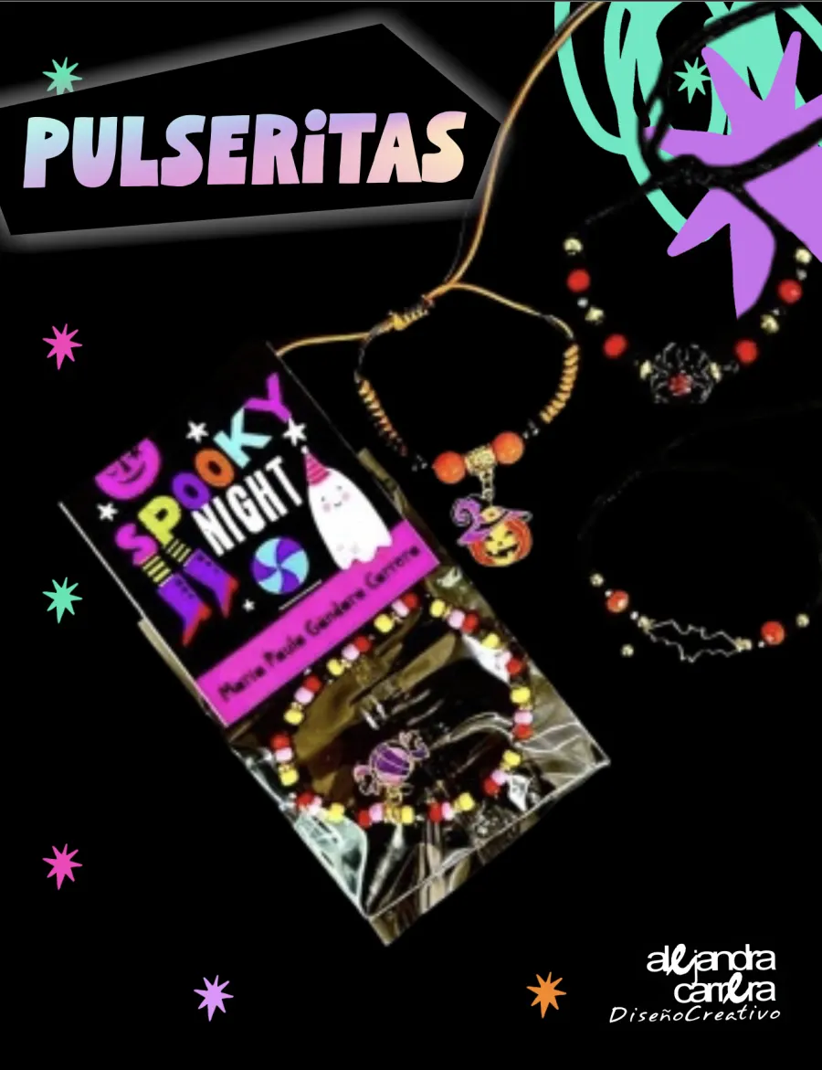 Pulseritas de Halloween de chaquira y de cordón con dijes en bolsita