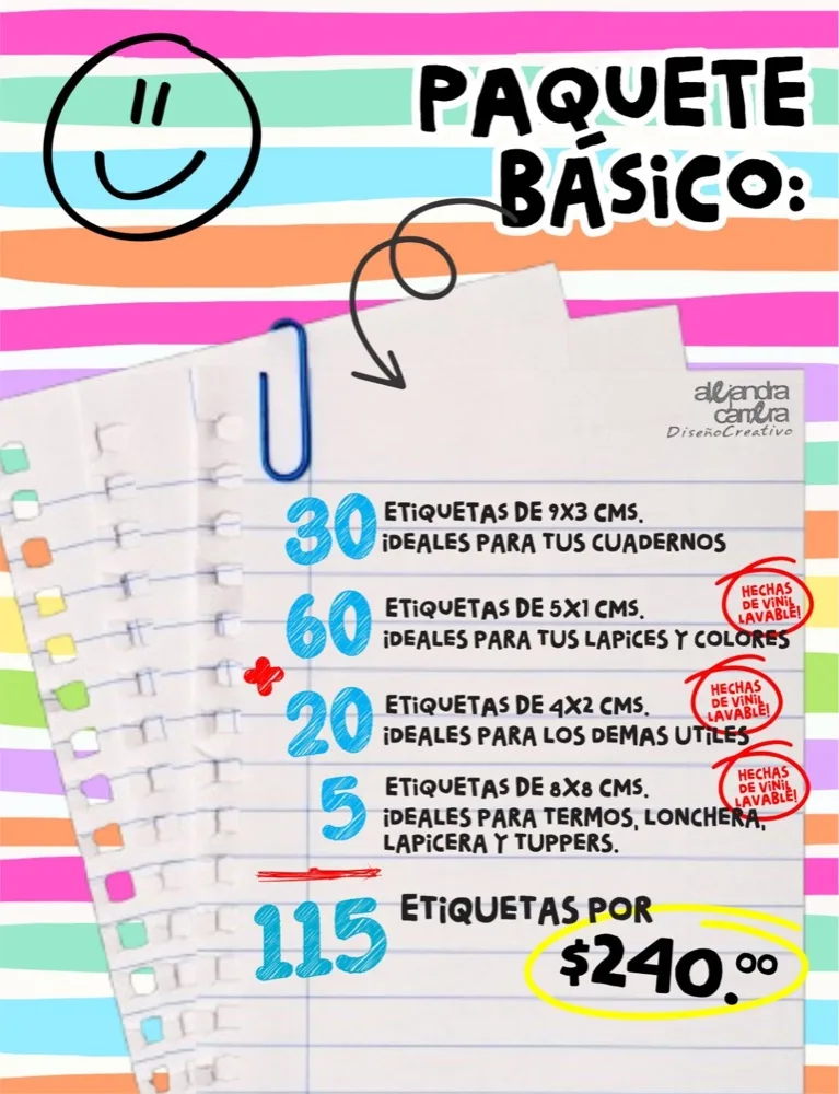 Paquete básico: 30 etiquetas de 9x3 cm para cuadernos, 60 etiquetas de 5x1 cm para lápices y colores, 20 etiquetas de 4x2 cm para demás útiles y 5 etiquetas de 8x8 cm para termos, lonchera, lapicera y tuppers — 115 etiquetas por $240