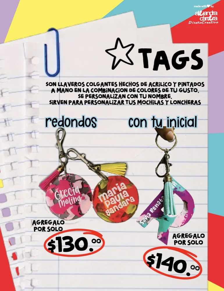 Tags: llaveros colgantes de acrílico pintados a mano y personalizados con tu nombre, redondos por $130 o con tu inicial por $140